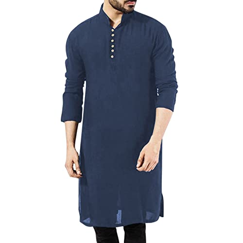 Muslim Kaftan Herren, Herren Kaftan Knöpf Einfarbig Stehen Hals Langarm Saudi-Arabien Muslimische Dubai Robe Muslimische Islamische Ethnische Kleidung Baumwolle Leinen Thobe Lang Hemd von Generic