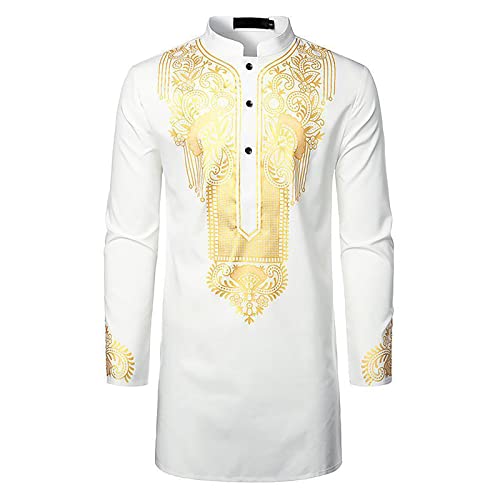 Muslim Kaftan Herren Knöpfen Gebet Robe Thobe Muslimisches Kleid Muslim Kleidung Langarm Tops Gewänder Kostüm Gebetskleidung Männer Islamische Tops Drucken Naher Osten Afghanische Ramadan Langarmshirt von Generic