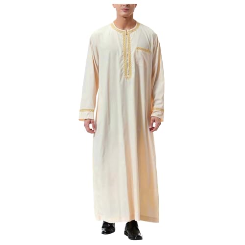 Muslimische Kleider Herren Muslimische Robe Arabischer Mittlerer Osten Robe Langarm Bestickte Stehkragen Tasche Langes Hemd Robe Stehkragen Oberteile/Hemden Gebetskleidung für Männer (Beige, XL) von Generic