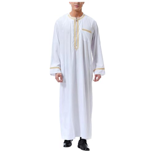 Muslimische Kleider Herren Muslimische Robe Arabischer Mittlerer Osten Robe Langarm Bestickte Stehkragen Tasche Langes Hemd Robe Stehkragen Oberteile/Hemden Gebetskleidung für Männer (White, M) von Generic