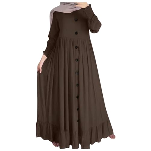 Muslimisches Leinenkleid Damen Baumwoll-Leinen Freizeit-Maxikleid Abaya-Kleid für Damen Rundhals Rüschensaum Kleid A-Linie Freizeitkleid Langarm Gebetskleid Kaftan Kleider (Coffee, XXL) von Generic