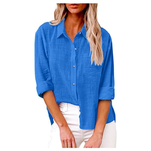 Musselin Bluse,Langarm Blusen Damen,Damen Leinen Button Down Hemd 2024 Lässig Langärmelig Unifarben Hemd Gemustert Tasche Locker Workwear Tops,blau,XL von Generic