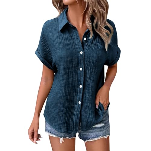 Musselin Bluse Damen,Leinenbluse Damen,Sommer Button-Down Leinenhemd Oberteile Oversized V Ausschnitt Leinenbluse Bluse Große Größen Leinen Kleidung Musselin Hemd Solide Top von Generic