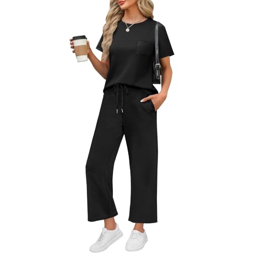 Musselin Bluse Damen Einfarbig Baumwolle Leinen Freizeitanzug Elegant Hosenanzug Casual Rundhals Kurzarm T-Shirt Und Hose 2 Teiler Leicht Luftig Loungewear Strand Urlaub Hausanzug von Generic