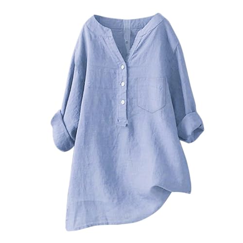 Musselin Bluse Damen Elegant Leinenhemd Sommer Einfarbig Baumwolle Leinen Tshirt Button Down V Ausschnitt Langarm T-Shirt Lässiges Bequeme Hemdbluse von Generic