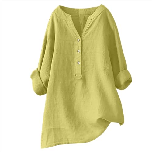 Musselin Bluse Damen Große Größen Sommer Leinenbluse Blusen & Tuniken für Damen Elegant Einfarbig Leinenhemd Oversized Hemdbluse Tuniken Longbluse 2024 Sommerbluse Leicht Und Luftig Damenblusen, S-5XL von Generic