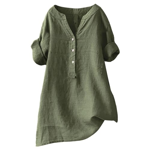 Musselin Bluse Damen Große Größen Sommer Leinenbluse Blusen & Tuniken für Damen Elegant Einfarbig Leinenhemd Oversized Hemdbluse Tuniken Longbluse 2024 Sommerbluse Leicht Und Luftig Damenblusen, S-5XL von Generic
