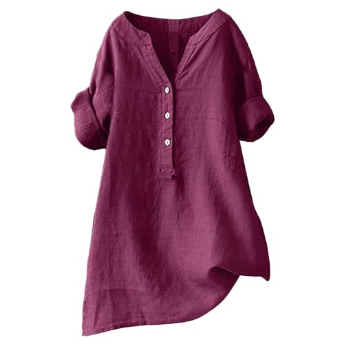 Musselin Bluse Damen Große Größen Sommer Leinenbluse Blusen & Tuniken für Damen Elegant Einfarbig Leinenhemd Oversized Hemdbluse Tuniken Longbluse 2024 Sommerbluse Leicht Und Luftig Damenblusen, S-5XL von Generic
