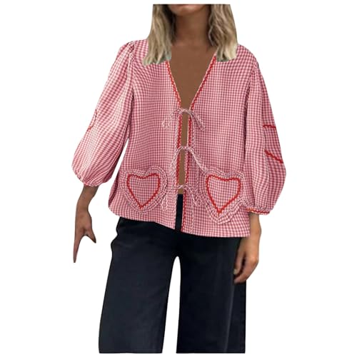 Musselin Bluse Damen Mode Damen Mode Oberteil mit Schößchen Vorne zum Binden Y2K Hemd Puffärmel Schnürung Schleife Rüschensaum Babydoll Krawatte Blusen V-Ausschnitt, Farbblock, Niedliche Hemden von Generic