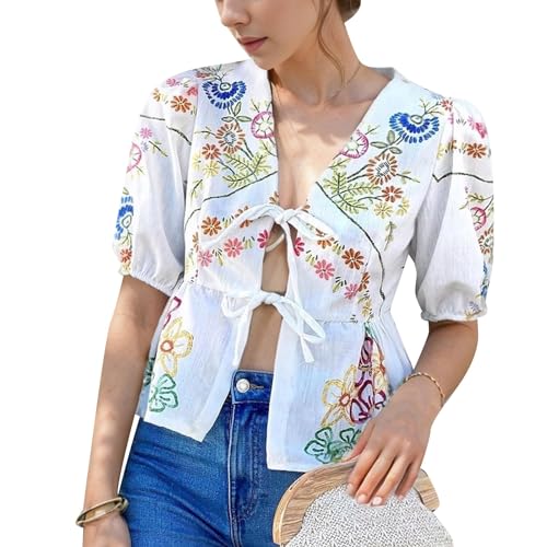 Musselin Bluse Damen Mode Damen Mode Oberteil mit Schößchen Vorne zum Binden Y2K Hemd Puffärmel Schnürung Schleife Rüschensaum Babydoll Krawatte Blusen V-Ausschnitt, Farbblock, Niedliche Hemden Musselin Bluse Damen Mode Damen Mode Oberteil mit Schößchen Vorne zum Binden Y2K Hemd Puffärmel Schnürung Schleife Rüschensaum Babydoll Krawatte Blusen V-Ausschnitt, Farbblock, Niedliche Hemden von Generic
