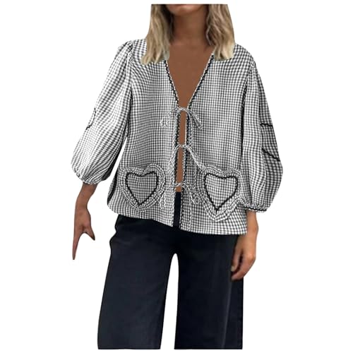 Musselin Bluse Damen Mode Damen Mode Oberteil mit Schößchen Vorne zum Binden Y2K Hemd Puffärmel Schnürung Schleife Rüschensaum Babydoll Krawatte Blusen V-Ausschnitt, Farbblock, Niedliche Hemden Musselin Bluse Damen Mode Damen Mode Oberteil mit Schößchen Vorne zum Binden Y2K Hemd Puffärmel Schnürung Schleife Rüschensaum Babydoll Krawatte Blusen V-Ausschnitt, Farbblock, Niedliche Hemden von Generic
