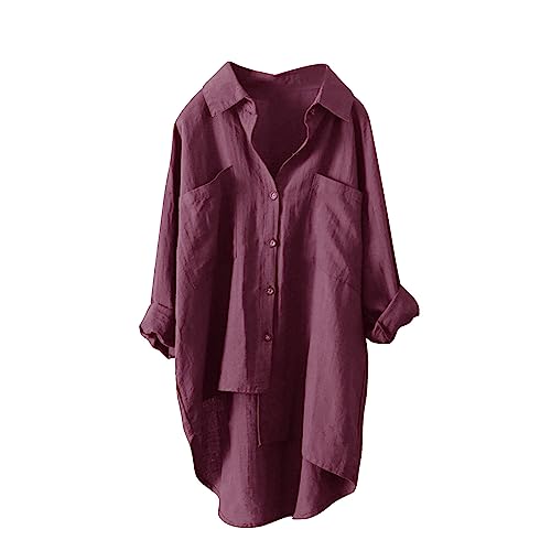 Musselin Bluse Damen Oversize Leinenbluse mit Knöpfe Lange Hemdbluse Baumwolle Leinen Oberteile Große Größen Basic Shirt Einfarbig Langarmshirt Revers Hemd Longbluse Langarm Leinenhemd Blusenshirt von Generic