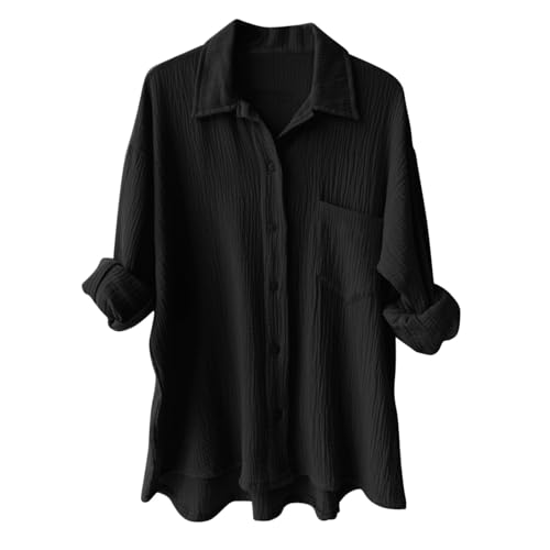 Musselin Bluse Damen Oversized Lang - Longbluse Damen Hemd Hemdbluse Langarm Sommer Baumwolle Lässig Oberteil Hemd Shirt Große Größen Leinenbluse Tunika Tops Musselinbluse Langarmshirt von Generic