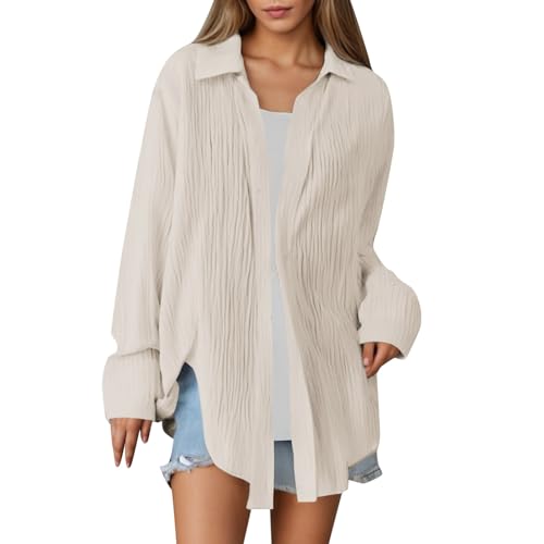 Musselin Bluse Damen Oversized Lang - Longbluse Damen Hemd Hemdbluse Langarm Sommer Baumwolle Lässig Oberteil Hemd Shirt Große Größen Leinenbluse Tunika Tops Musselinbluse Langarmshirt von Generic