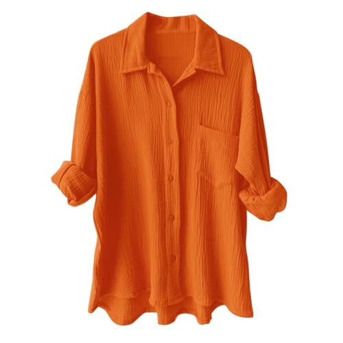 Musselin Bluse Damen Oversized Lang - Longbluse Damen Hemd Hemdbluse Langarm Sommer Baumwolle Lässig Oberteil Hemd Shirt Große Größen Leinenbluse Tunika Tops Musselinbluse Langarmshirt von Generic
