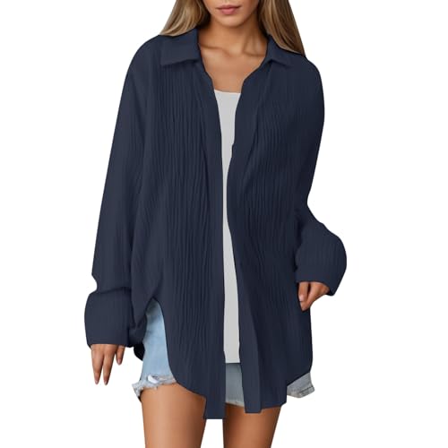 Musselin Bluse Damen Oversized Lang - Longbluse Damen Hemd Hemdbluse Langarm Sommer Baumwolle Lässig Oberteil Hemd Shirt Große Größen Leinenbluse Tunika Tops Musselinbluse Langarmshirt von Generic