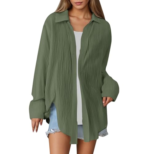 Musselin Bluse Damen Oversized Lang - Longbluse Damen Hemd Hemdbluse Langarm Sommer Baumwolle Lässig Oberteil Hemd Shirt Große Größen Leinenbluse Tunika Tops Musselinbluse Langarmshirt von Generic