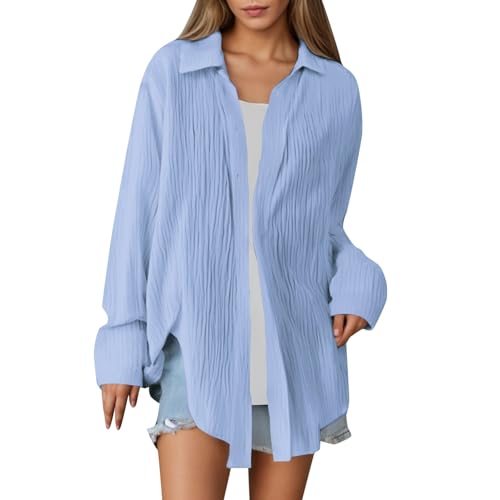 Musselin Bluse Damen Oversized Lang - Longbluse Damen Hemd Hemdbluse Langarm Sommer Baumwolle Lässig Oberteil Hemd Shirt Große Größen Leinenbluse Tunika Tops Musselinbluse Langarmshirt von Generic