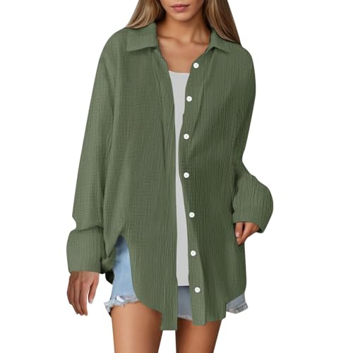 Musselin Bluse Damen Oversized Lang - Longbluse Damen Hemd Hemdbluse Langarm Sommer Baumwolle Lässig Oberteil Hemd Shirt Große Größen Leinenbluse Tunika Tops Musselinbluse Langarmshirt von Generic