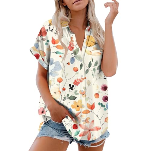 Musselin Bluse Damen Oversized Longbluse Lässig Blumendruck Kurzarm Sommerbluse Hemdbluse Mit Knöpfe Leicht Hemd Oberteile Locker Leinenbluse Oversize von Generic