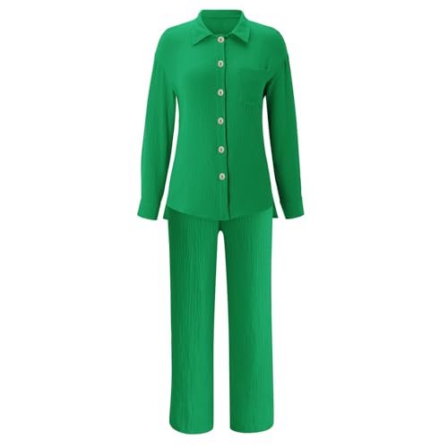 Musselin Bluse Damen Rever Bluse + Hose Baumwolle Leinen Langarm Freizeitanzug Leicht mit Gummibund Autumn Zweiteiler Damen Sommer Musselin Bluse Clothes Aesthetic Zweiteiler Loungen Set (Green, M) von Generic