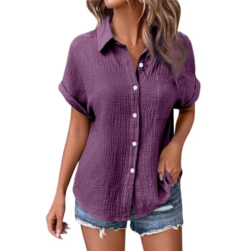 Musselin Bluse Damen Sommer, Leinenbluse Damen mit V-Ausschnitt, Leinen Oberteile mit Knopfleiste Lässiges Leinenhemd für Frauen Casual Blusenshirt Moden Damenshirts Musselinbluse Hemdbluse T-Shirts von Generic