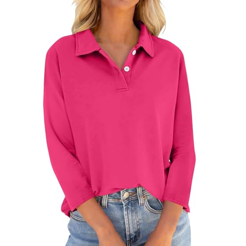 Musselin Bluse Damen Sport Top Basic 3/4 Arm Poloshirt Elegant Fall Fall Langarmshirt Kragen Polo Shirt Office Langarm Business Outfit Tops Damen Uv Shirt Kleidung (1-Heißes Rosa,XXL) von Generic