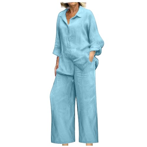 Musselin Bluse Damen Zweiteiler Baumwolle Leinen Set, Casual Loungewear, Reverskragen Langarm, Sommer Outfits Kleidung, Einfarbig Hausanzug Für Frauen, Weites Bein Hose, Sale Angebote 2024 von Generic