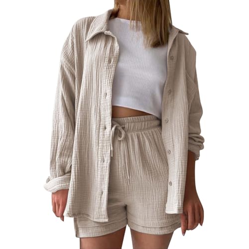 Musselin Bluse Damen Zweiteiler Sommer Top und Hose Einzeln Wählbar 2 Teilige Kleidung Shorts Kombination Kurze Hose Entspannte Set Lässig Große Größen Kleidungs von Generic