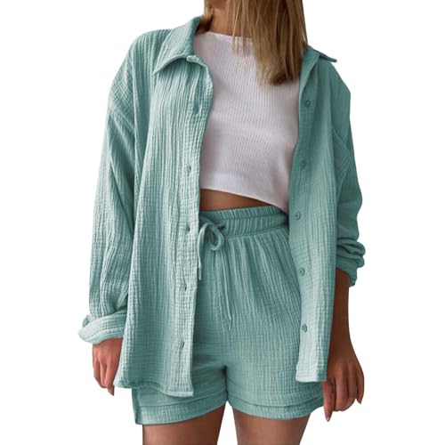 Musselin Bluse Damen Zweiteiler Sommer Top und Hose Einzeln Wählbar 2 Teilige Kleidung Shorts Kombination Kurze Hose Entspannte Set Lässig Große Größen Kleidungs von Generic