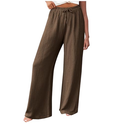 Musselin Damen Hose Elegant Leicht Casual Jogginghose Lange Locker Sommerhose Weites Bein Hosen Einfarbig Leinenhose Bequeme Stoffhose Hohe Taille Strandhose mit Taschen Freizeithose von Generic