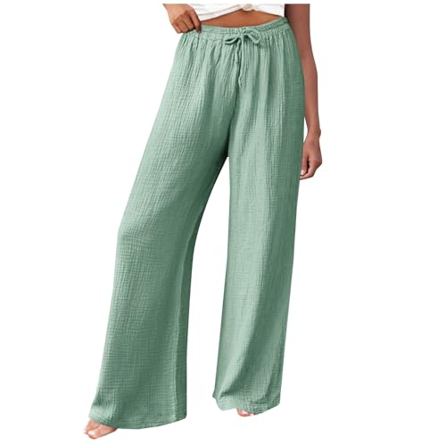 Musselin Damen Hose Elegant Leicht Casual Jogginghose Lange Locker Sommerhose Weites Bein Hosen Einfarbig Leinenhose Bequeme Stoffhose Hohe Taille Strandhose mit Taschen Freizeithose von Generic