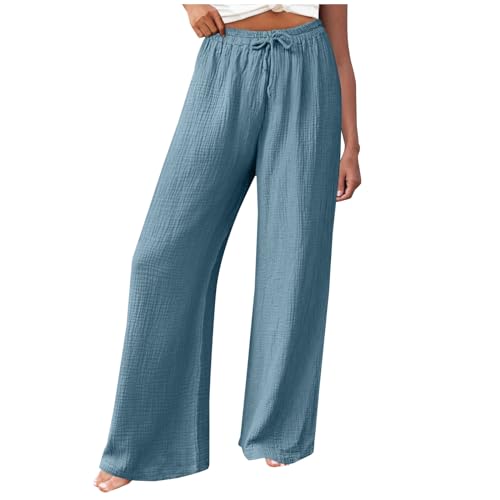 Musselin Damen Hose Elegant Leicht Casual Jogginghose Lange Locker Sommerhose Weites Bein Hosen Einfarbig Leinenhose Bequeme Stoffhose Hohe Taille Strandhose mit Taschen Freizeithose von Generic