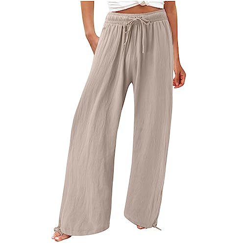 Musselin Damen Hose Elegant Leicht Casual Jogginghose Lange Locker Sommerhose Weites Bein Hosen Einfarbig Leinenhose Bequeme Stoffhose Hohe Taille Strandhose mit Taschen Freizeithose von Generic