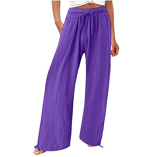 Musselin Damen Hose Elegant Leicht Casual Jogginghose Lange Locker Sommerhose Weites Bein Hosen Einfarbig Leinenhose Bequeme Stoffhose Hohe Taille Strandhose mit Taschen Freizeithose von Generic