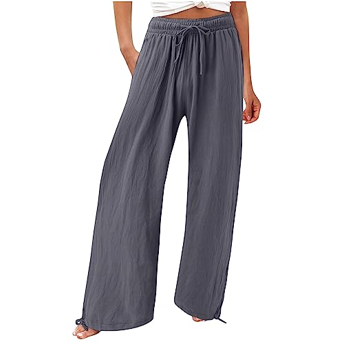 Musselin Damen Hose Elegant Leicht Casual Jogginghose Lange Locker Sommerhose Weites Bein Hosen Einfarbig Leinenhose Bequeme Stoffhose Hohe Taille Strandhose mit Taschen Freizeithose von Generic