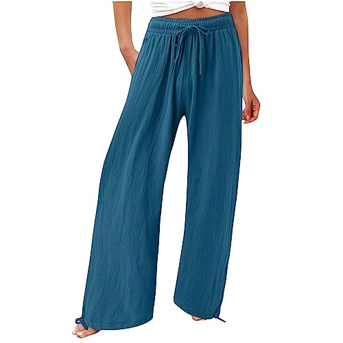 Musselin Damen Hose Elegant Leicht Casual Jogginghose Lange Locker Sommerhose Weites Bein Hosen Einfarbig Leinenhose Bequeme Stoffhose Hohe Taille Strandhose mit Taschen Freizeithose von Generic