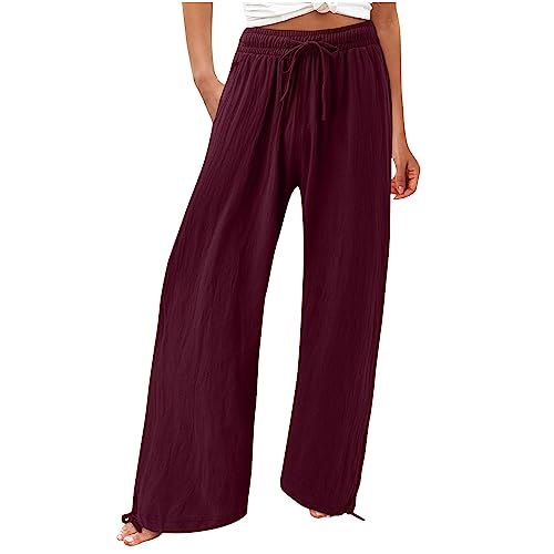 Musselin Damen Hose Elegant Leicht Casual Jogginghose Lange Locker Sommerhose Weites Bein Hosen Einfarbig Leinenhose Bequeme Stoffhose Hohe Taille Strandhose mit Taschen Freizeithose von Generic