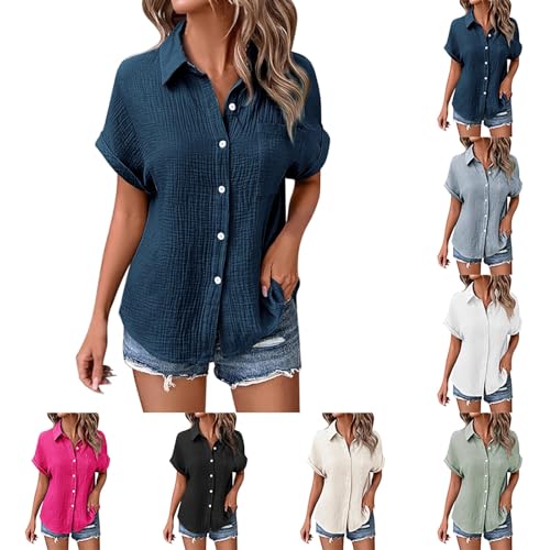 Musselin Hemd Bluse für Damen Elegant Tuniken Sommer Oberteile Kurzarm Leinenbluse Longbluse Oversized Hemdbluse Lässig für Leggings von Generic