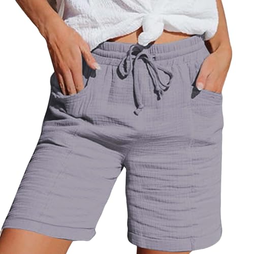 Musselin Hose Damen 2025 Leinen Musselin Shorts Beach Mit Taschen Mode Lässige Stoffhose Freizeit Stretch Gerades Bein Mit Kordelzug Sport Shorts Grey L von Generic