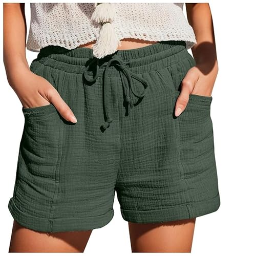 Musselin Hose Damen Shorts Sommer Lockere Kurze Hose Bequeme Leichte Sommerhose Elastische Taille Kurze Stoffhose Stretch Lässige Hotpants Strandhose Beach Damen-Shorts mit Gummizug Kordelzug Taschen von Generic