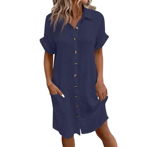 Musselin Kleid Damen, Sommerkleid Mit Taschen Blusenkleid Kurzarm Wickelkleid Hemdblusenkleid Leicht Und Luftig Kleid Mit Knopfleiste Kleider Sommer Knielang Hemdkleid Strandkleider von Generic