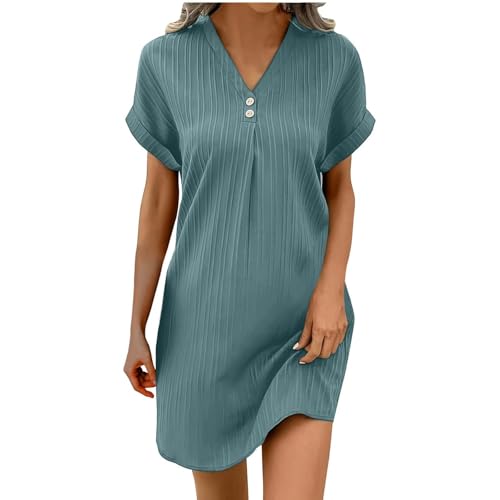Musselin Kleid Damen Sommer Kurzarm Strandkleid V-Ausschnitt Freizeitkleid Casual Sommerkleid Blusenkleid Einfarbig Elegant Midikleid Locker Hemdkleid Leicht Luftig Shirtkleid von Generic