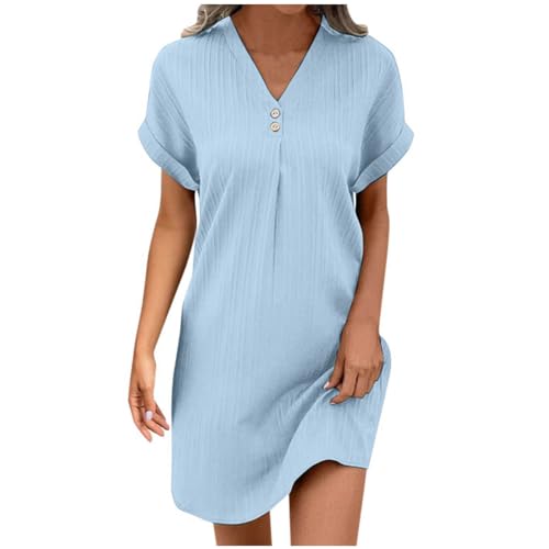 Musselin Kleid Damen Sommer V-Ausschnitt Luftige A-Linie Midikleid Einfarbige mit Knöpfen Lässiges Kurzarm Sommerkleid Leicht Musselin Bluse Kleid Boho Tunika Strandkleider Freizeitkleid von Generic