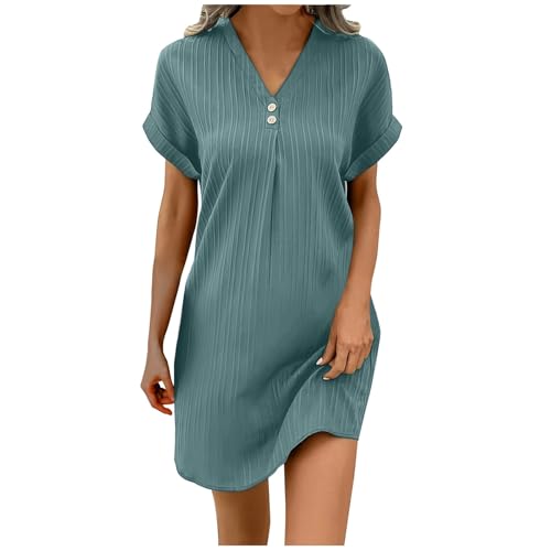 Musselin Kleid Damen Sommer V-Ausschnitt Luftige A-Linie Midikleid Einfarbige mit Knöpfen Lässiges Kurzarm Sommerkleid Leicht Musselin Bluse Kleid Boho Tunika Strandkleider Freizeitkleid von Generic