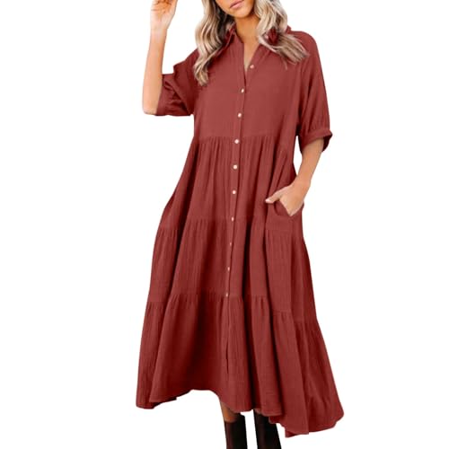Musselin Kleid Damen V-Ausschnitt 3/4-Arm Sommerkleid Freizeitkleid Einfarbige Lange Hemdkleid Longbluse Casual Sommer Shirt Strandkleid Loose Kleider Große Größen Blusenkleid von Generic