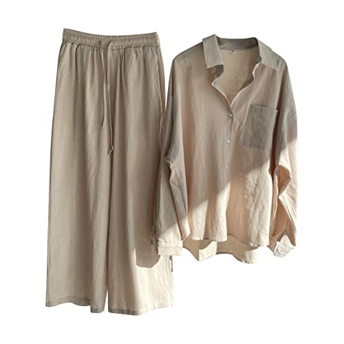 Musselin Schlafanzug Damen Leinen Set Damen Damen Sommer Musselin Bluse Hemd Lang Hose Zweiteiler Set Baumwolle Strand Outfit Set (A, XXL) von Generic