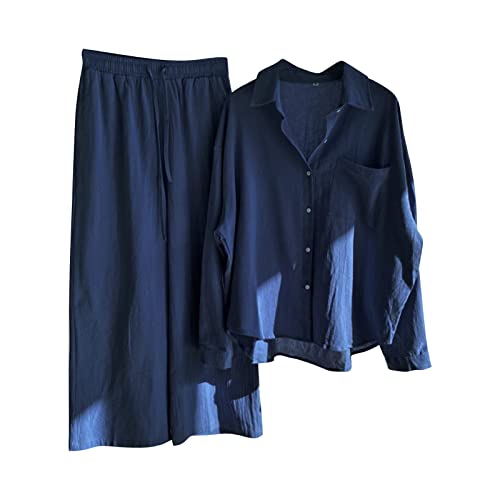 Musselin Schlafanzug Damen Leinen Set Sommer Bluse Hemd Lang Hose Zweiteiler Baumwolle Strand Outfit (B, M) von Generic