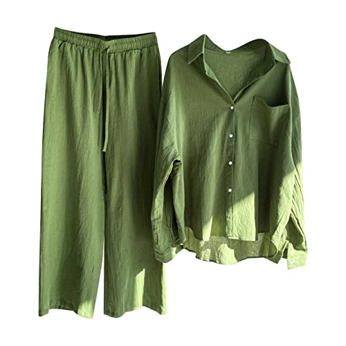 Musselin Schlafanzug Damen Leinen Set Damen Damen Sommer Musselin Bluse Hemd Lang Hose Zweiteiler Set Baumwolle Strand Outfit Set (GN1, L) von Generic
