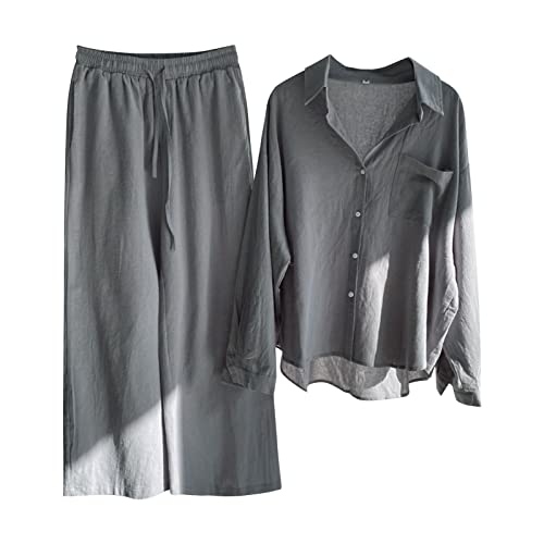 Musselin Schlafanzug Damen Leinen Set Sommer Bluse Hemd Lang Hose Zweiteiler Baumwolle Strand Outfit (Grey, S) von Generic